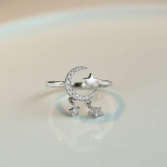 925 Sterling Silver Dangle Moon & Star Ring Minimalist Dainty Celestial … - Picture 2 of 7